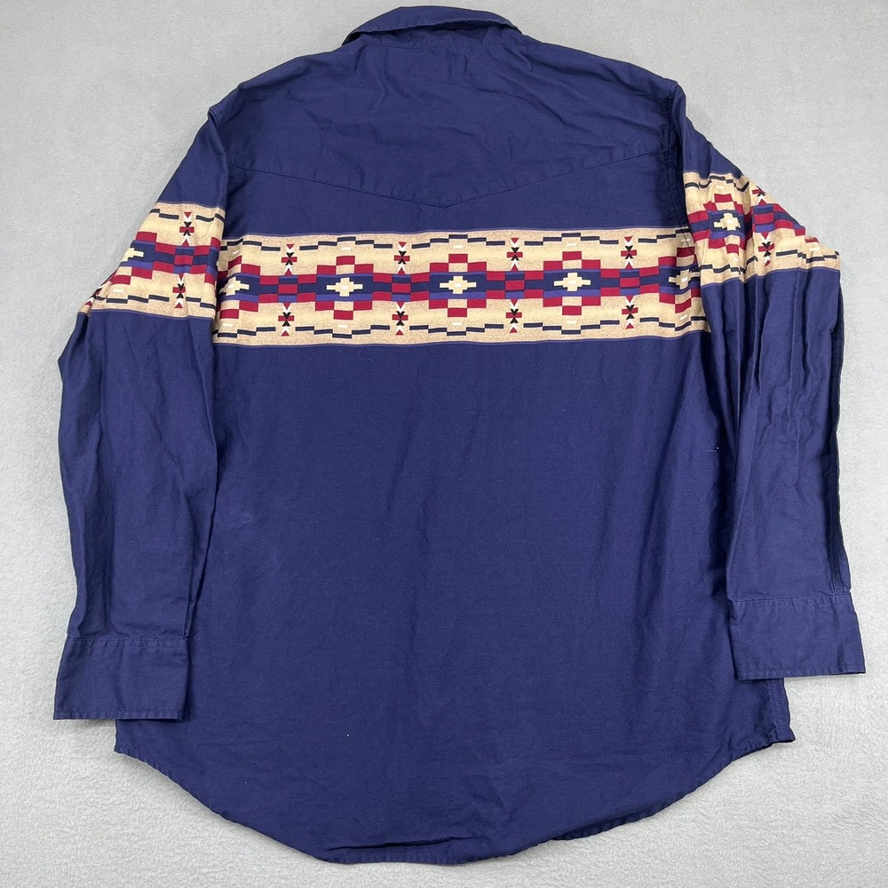 Express Rider Mens XL Navy Blue Southwestern Aztec Print Western Snap Shirt 90s - Picture 8 of 11